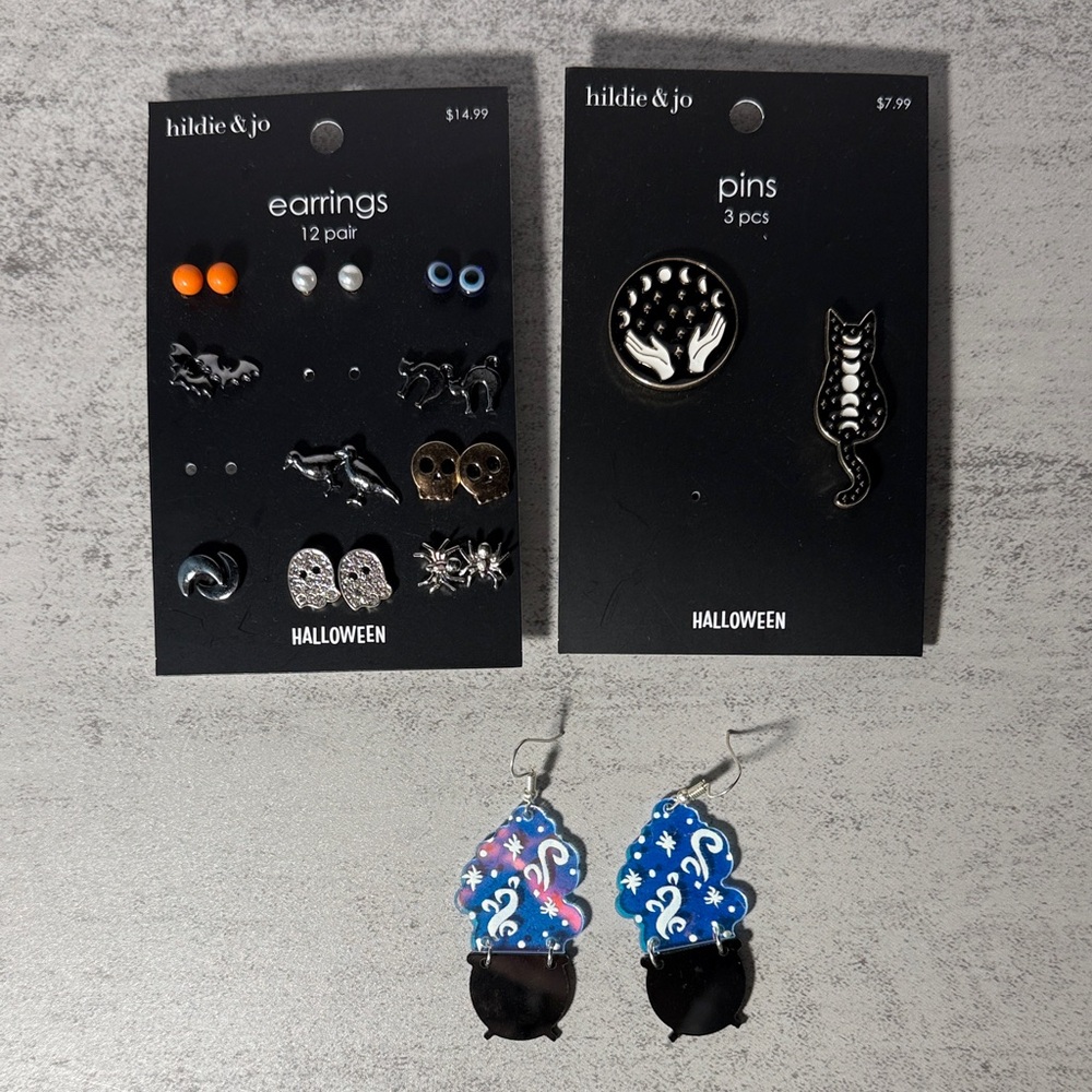 Halloween witchy earrings and pins
